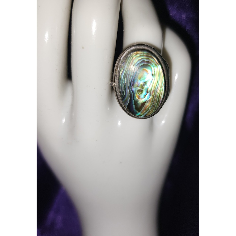 Vintage 925 Sterling Silver Abalone Shell Poison Ring Locket Secret Box Size 7